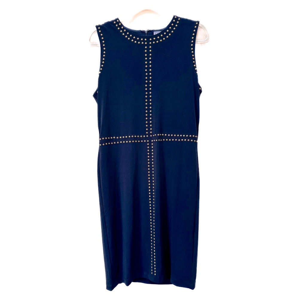 Carmen Marc Valvo Chic Sleeveless
Navy Blue Bodycon Dress with Gold Stud Accents